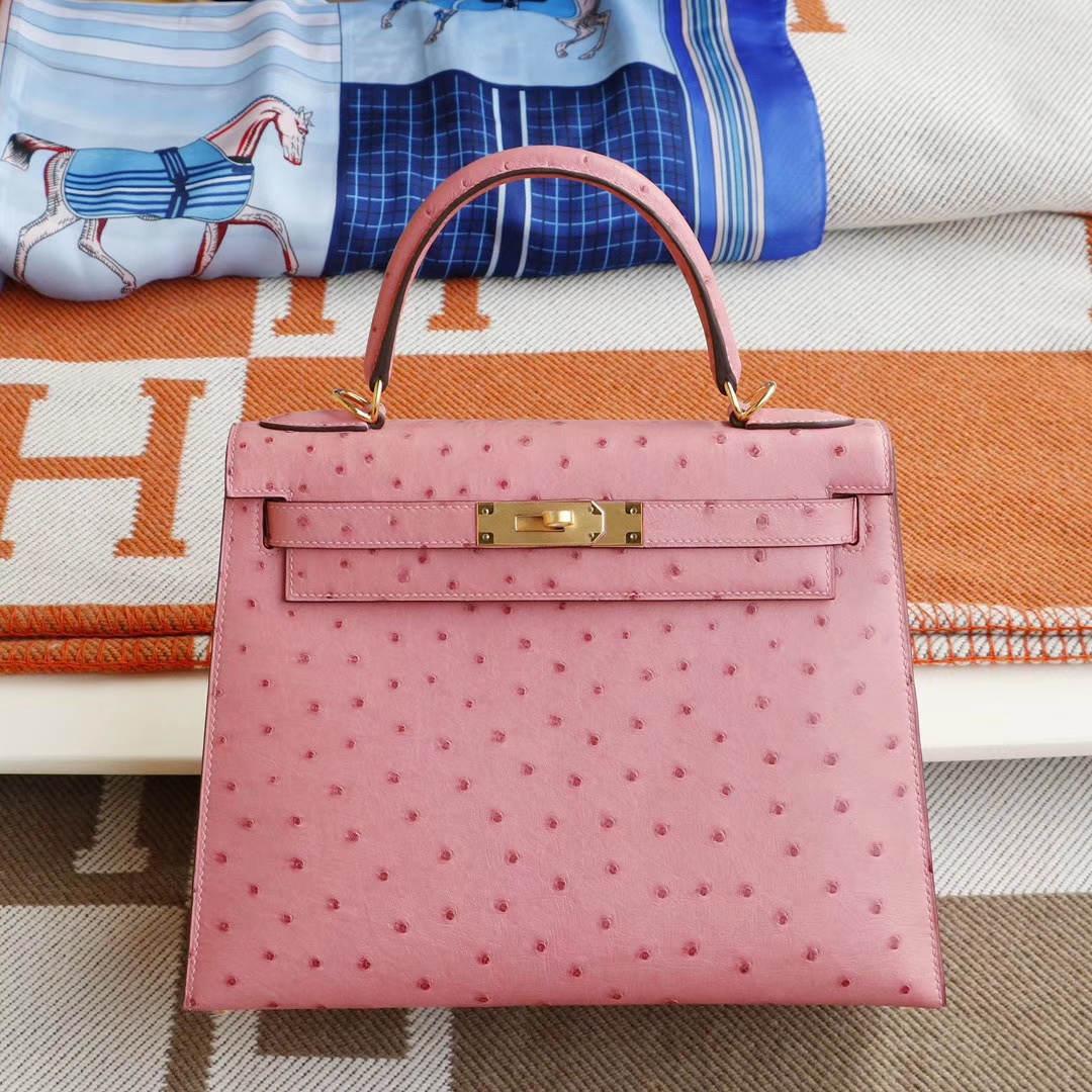 Hermes 1Q奶昔粉 外缝 金扣 Kelly28CM 南非鸵鸟皮 凯丽凯莉包 纯手缝蜡线缝制