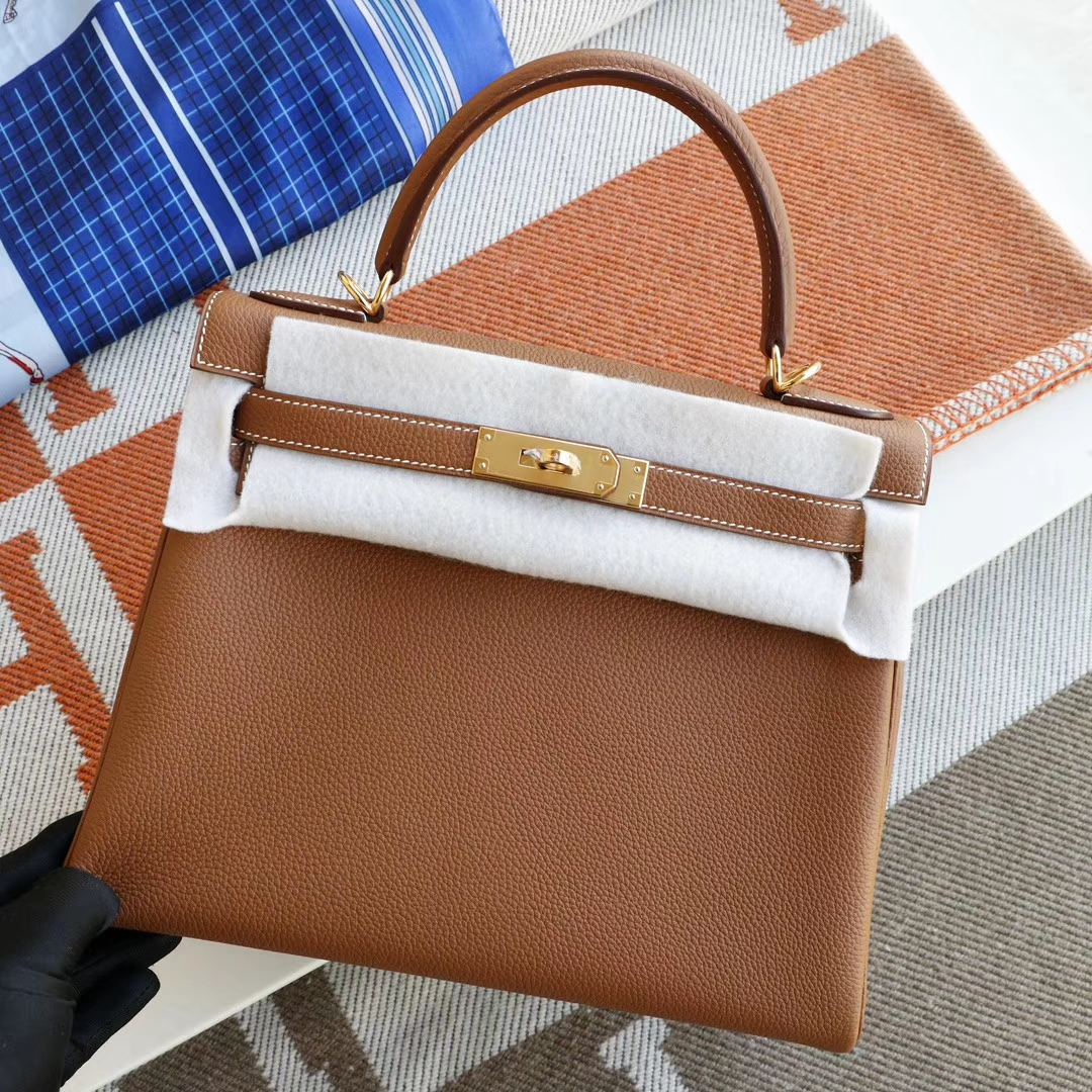 Hermes CK37金棕 内缝 金扣 Kelly28CM 原厂Togo皮 凯丽凯莉包 纯手缝蜡线缝制