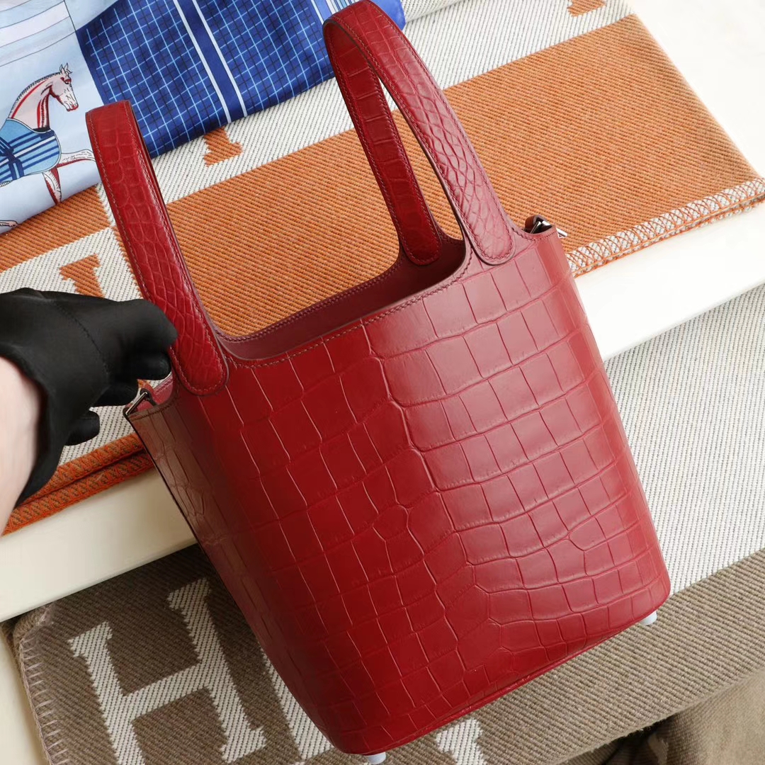 HERMES B5宝石红 银扣 Picotin Lock 菜篮子22CM 雾面鳄鱼俩点 纯手缝手工缝制工艺
