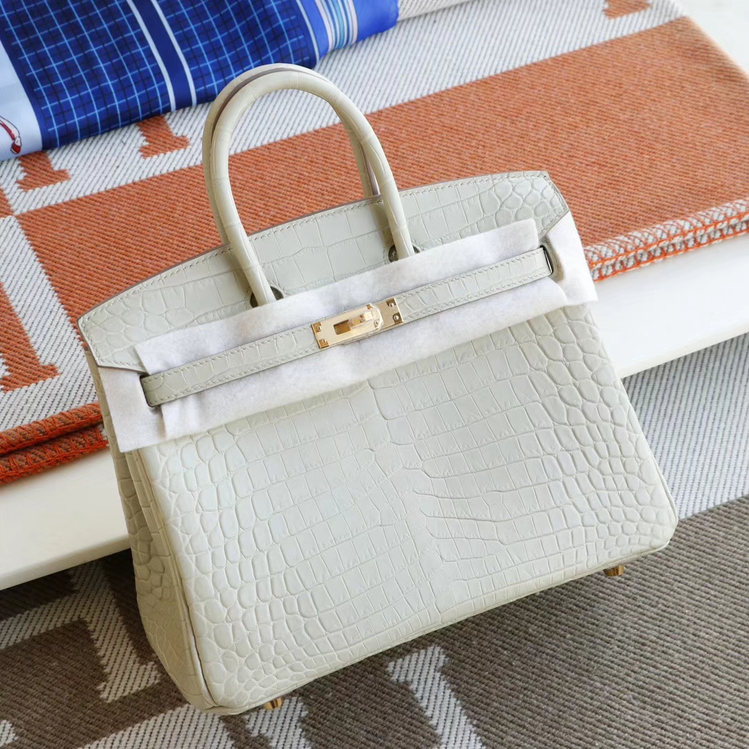 HERMES 8L奶油白 金扣 Birkin25CM 铂金包 雾面鳄鱼俩点 H家老师傅全手缝