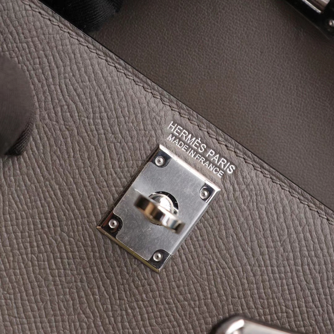 HERMES 8F锡器灰 银扣 Minikelly二代 原厂Epsom皮 迷你凯莉包 纯手缝蜡线缝制工艺