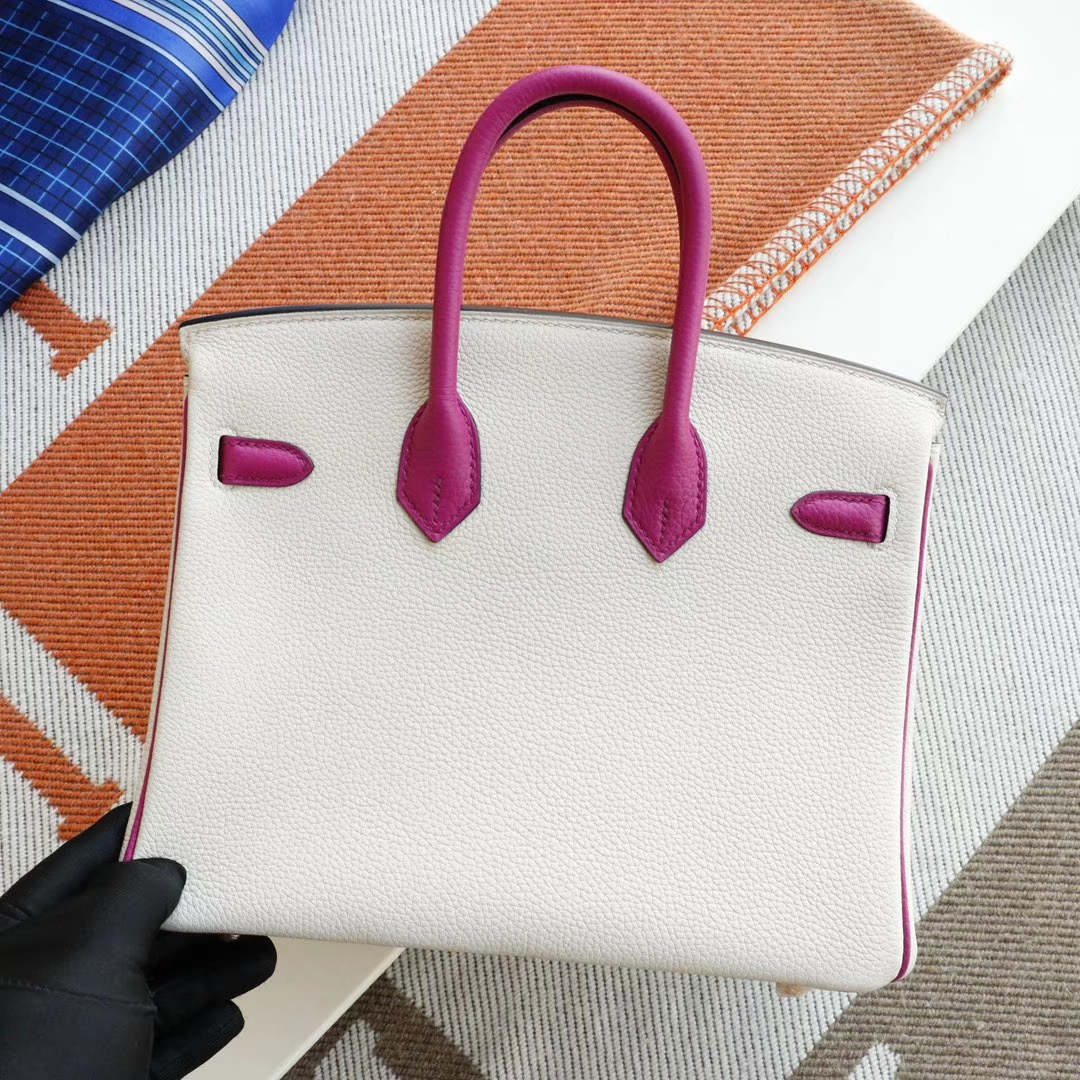 HERMES CC10奶昔白拼L3玫瑰紫 金扣 Birkin25CM 铂金包法国togo小牛皮 老师傅全手工缝制