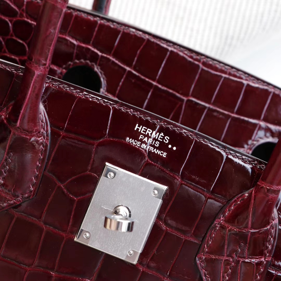 HERMES 客定发货、Birkin30CM 亮面鳄鱼 CK57 Bordeaux 波尔多酒红 银扣
