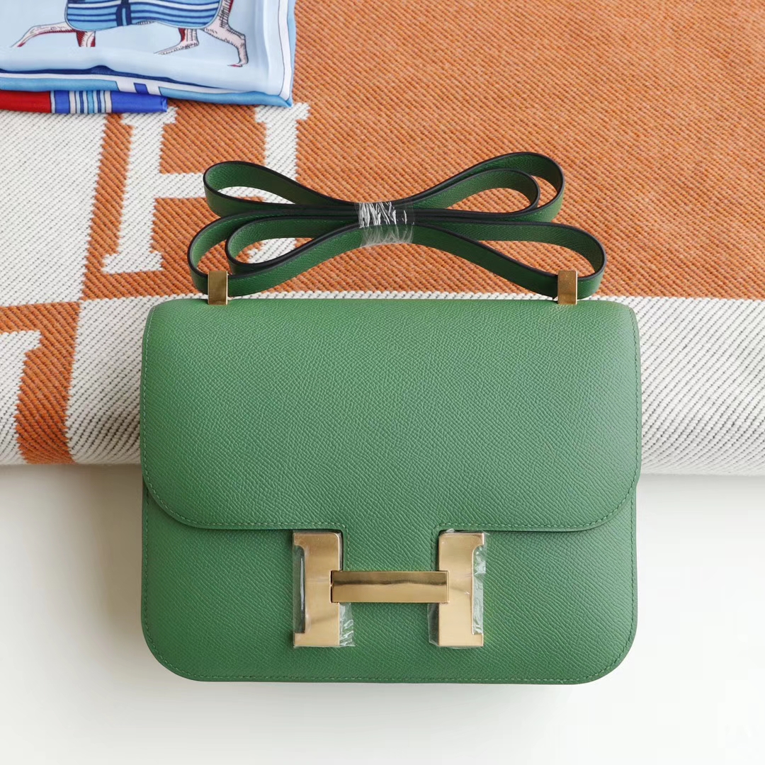 HERMES 1K竹子绿 Constance24CM 空姐包 原厂Epsom皮 银扣 纯手工手缝工艺制作