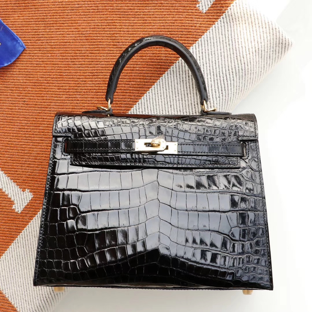 HERMES 定发货、CC89黑色 Kelly25CM 亮面鳄鱼 法国蜡线 全手缝 金扣