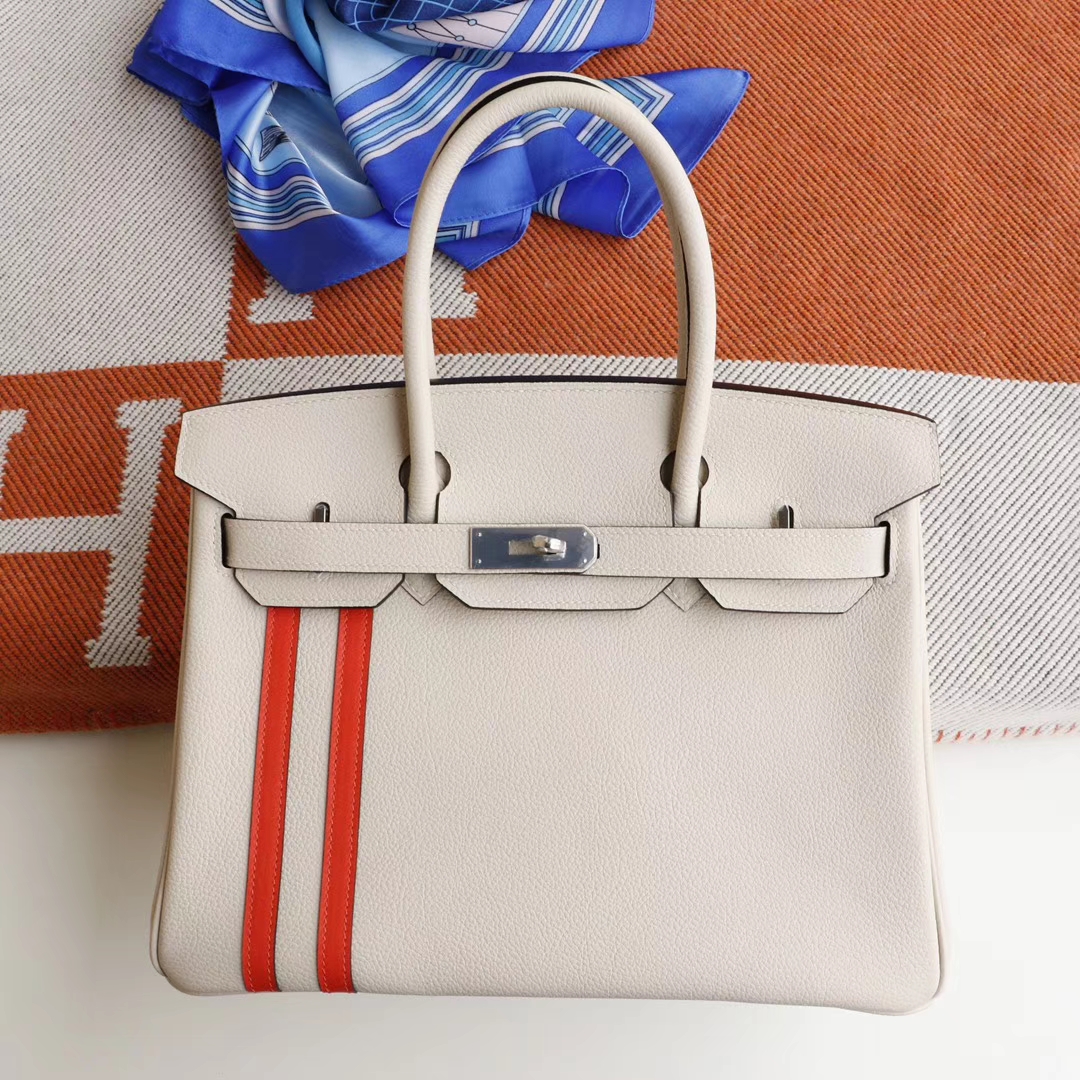 爱马仕 竖条款 CC10奶昔白拼火焰橙 Birkin30CM 原厂togo皮 纯手缝蜡线缝制 铂金包