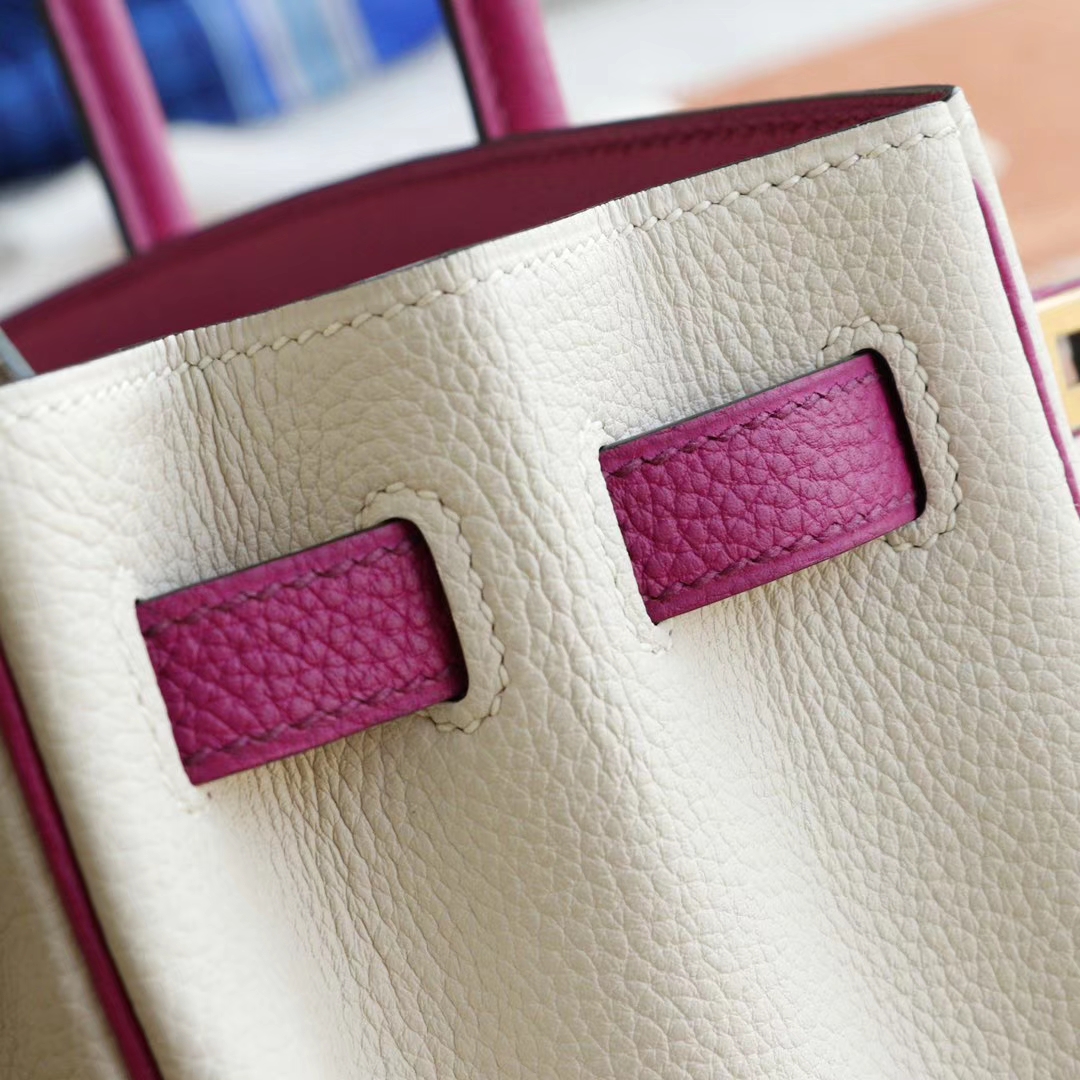 HERMES CC10奶昔白拼L3玫瑰紫 金扣 Birkin25CM 铂金包法国togo小牛皮 老师傅全手工缝制