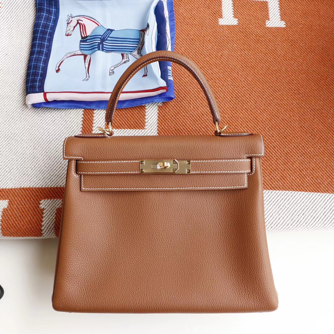 HERMES 超人气百搭款 CK37金棕 凯利包Kelly28CM 原厂Togo皮 金扣 外缝