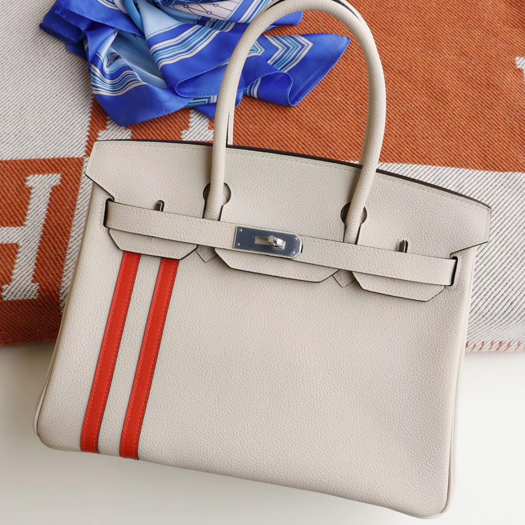 爱马仕 竖条款 CC10奶昔白拼火焰橙 Birkin30CM 原厂togo皮 纯手缝蜡线缝制 铂金包