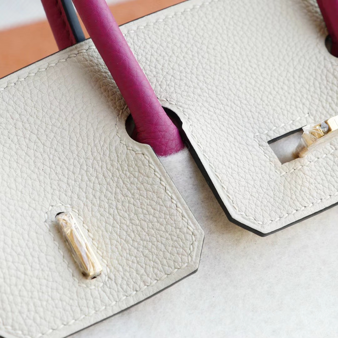 HERMES CC10奶昔白拼L3玫瑰紫 金扣 Birkin25CM 铂金包法国togo小牛皮 老师傅全手工缝制