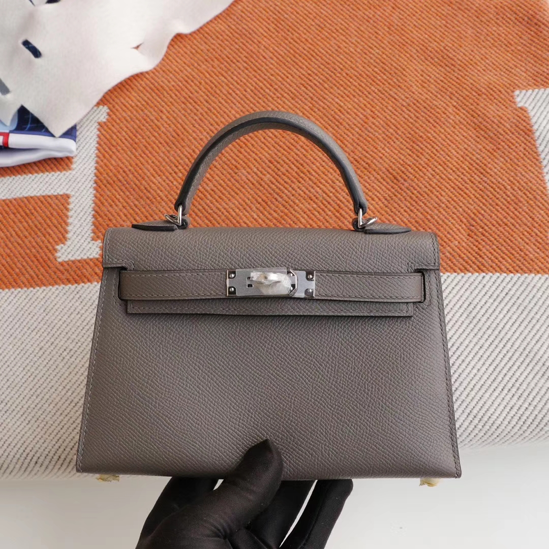 HERMES 8F锡器灰 银扣 Minikelly二代 原厂Epsom皮 迷你凯莉包 纯手缝蜡线缝制工艺