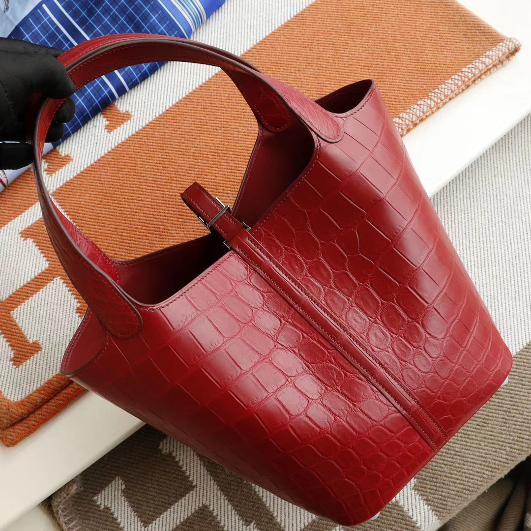 HERMES B5宝石红 银扣 Picotin Lock 菜篮子22CM 雾面鳄鱼俩点 纯手缝手工缝制工艺