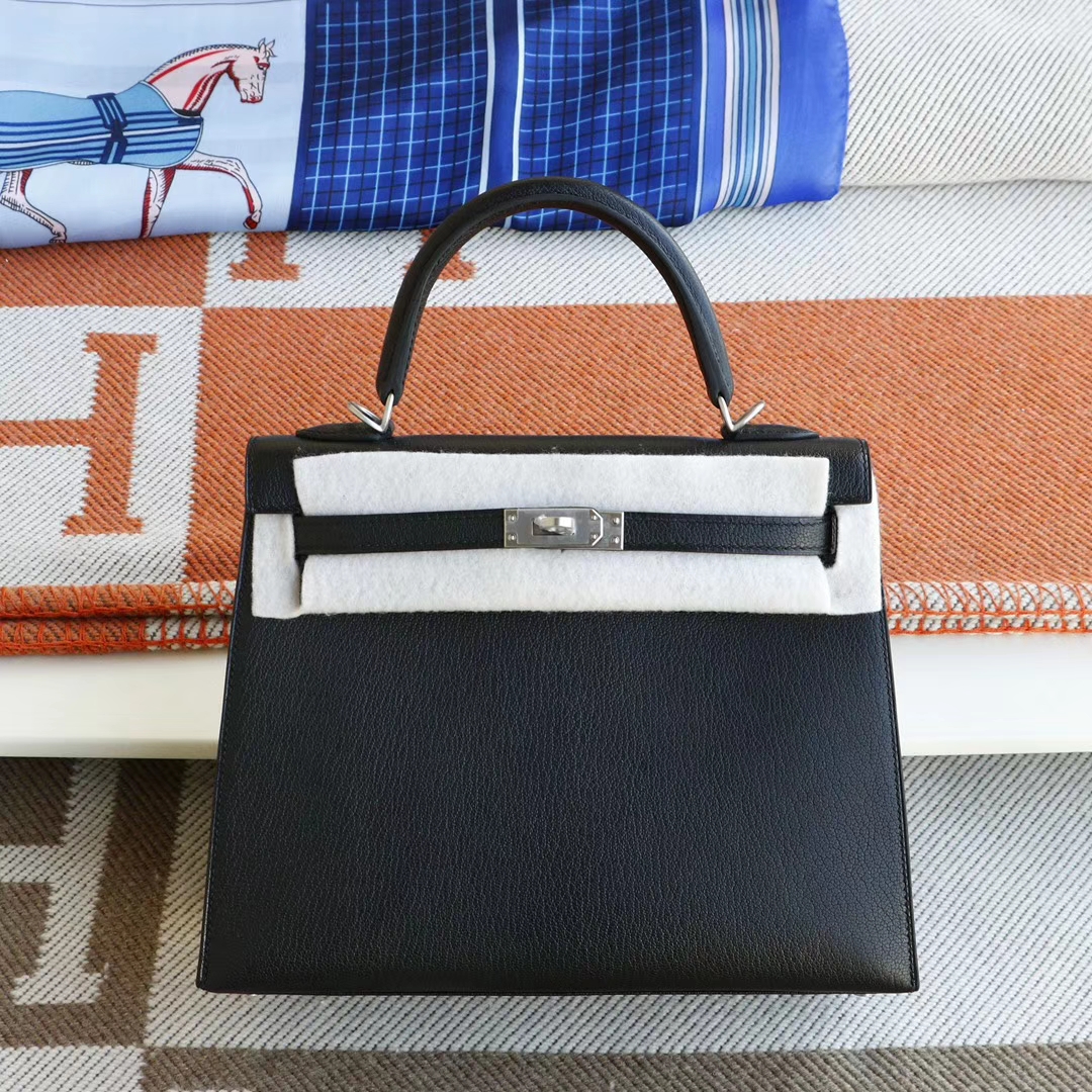 Hermes CC89黑色 磨砂银扣 Kelly25CM 原厂山羊皮 凯丽凯莉包 纯手缝蜡线缝制