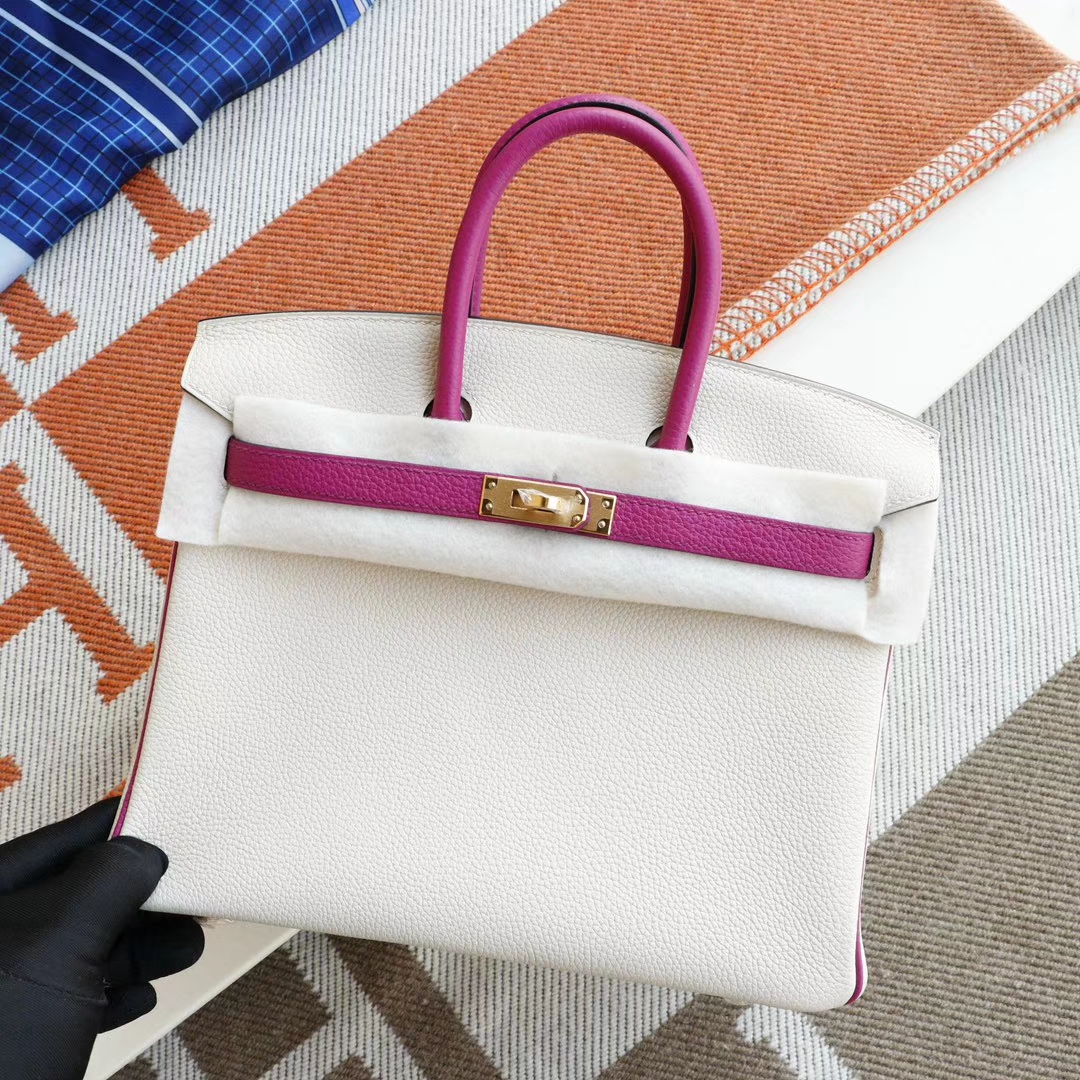 HERMES CC10奶昔白拼L3玫瑰紫 金扣 Birkin25CM 铂金包法国togo小牛皮 老师傅全手工缝制