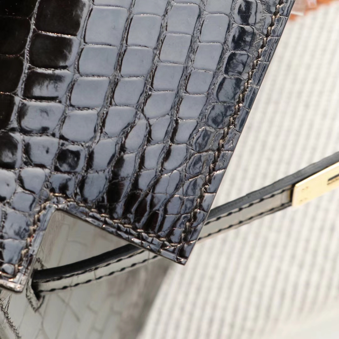 HERMES 定发货、CC89黑色 Kelly25CM 亮面鳄鱼 法国蜡线 全手缝 金扣