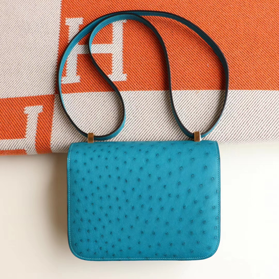 HERMES Constance 24CM 南非鸵鸟皮 7F孔雀蓝 金扣