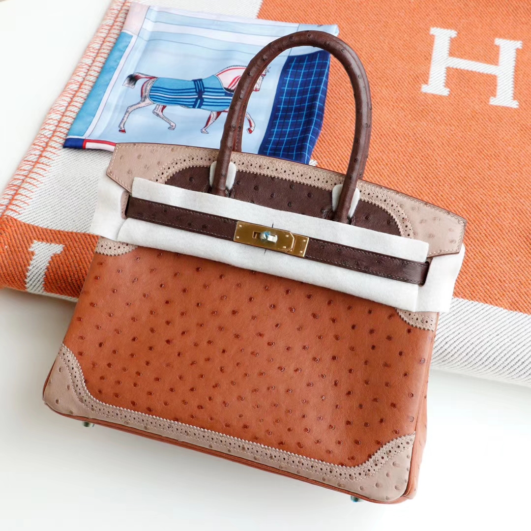 爱马仕 百搭拼色蕾丝款 金棕拼深咖啡拼羊毛白 Birkin30CM 进口南非鸵鸟皮 金扣；纯手缝蜡线缝制 铂金包