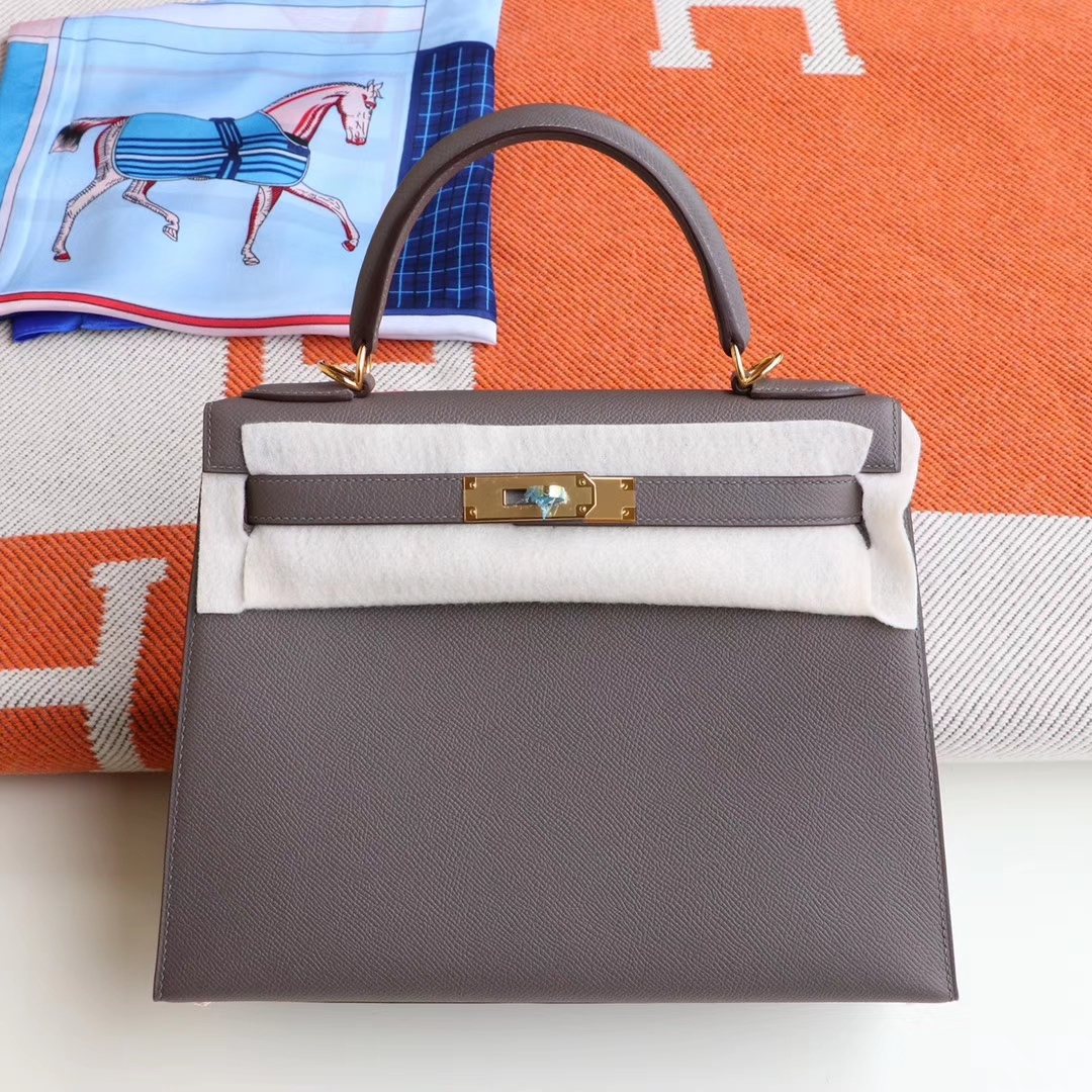 HERMES 8F锡器灰 Kelly28CM 原厂Epsom皮 凯丽凯莉包 纯手缝蜡线缝制工艺