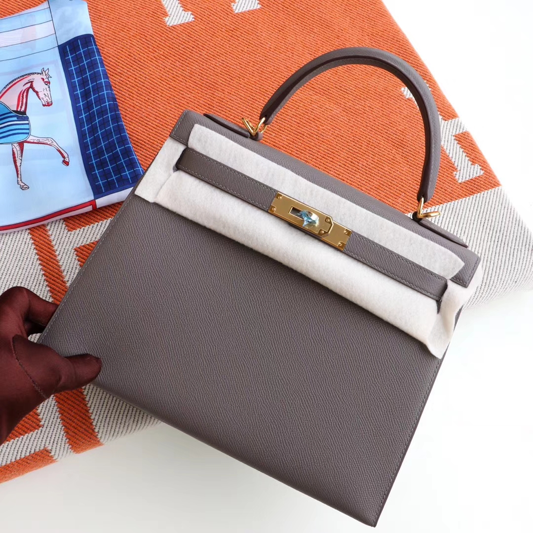HERMES 8F锡器灰 Kelly28CM 原厂Epsom皮 凯丽凯莉包 纯手缝蜡线缝制工艺