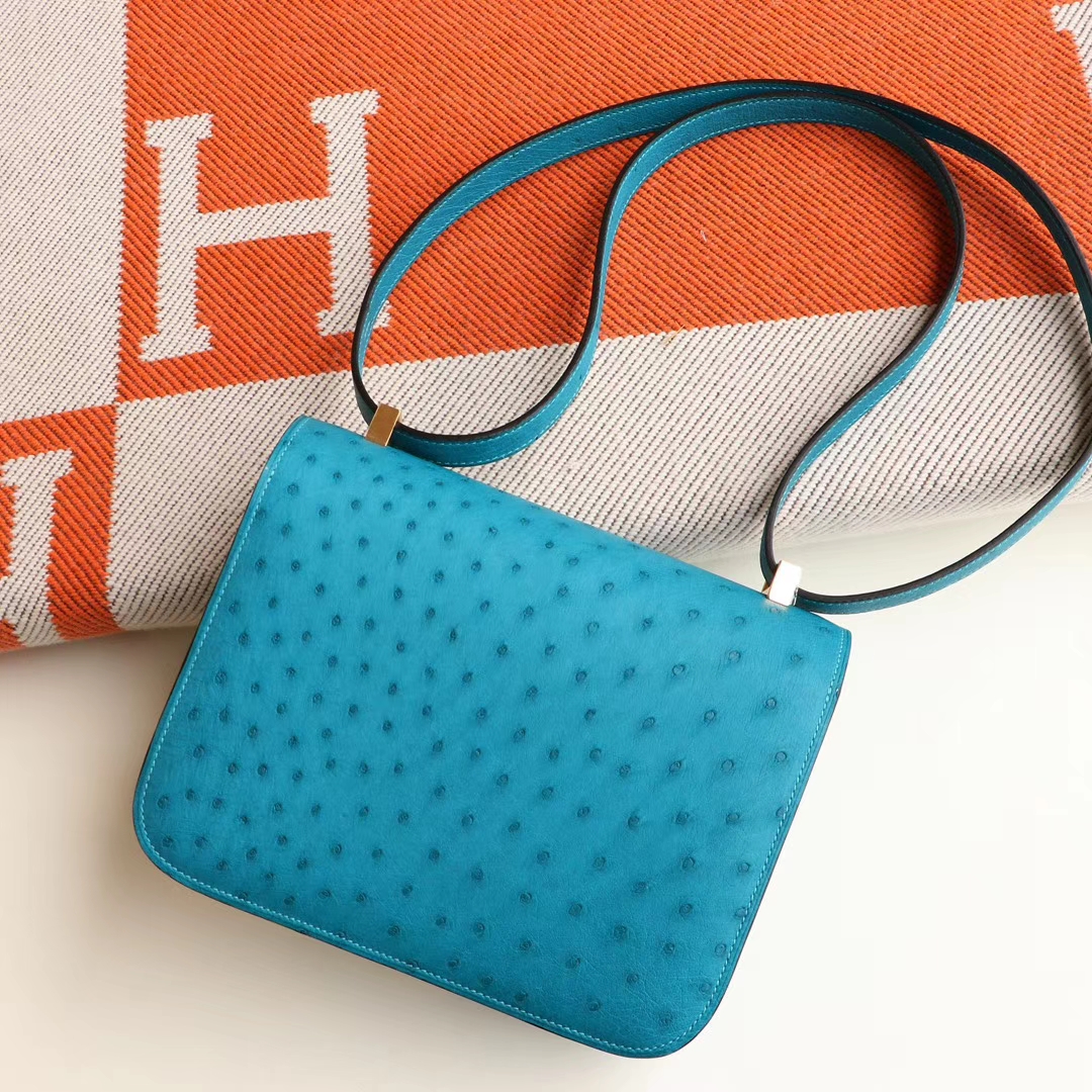 HERMES Constance 24CM 南非鸵鸟皮 7F孔雀蓝 金扣