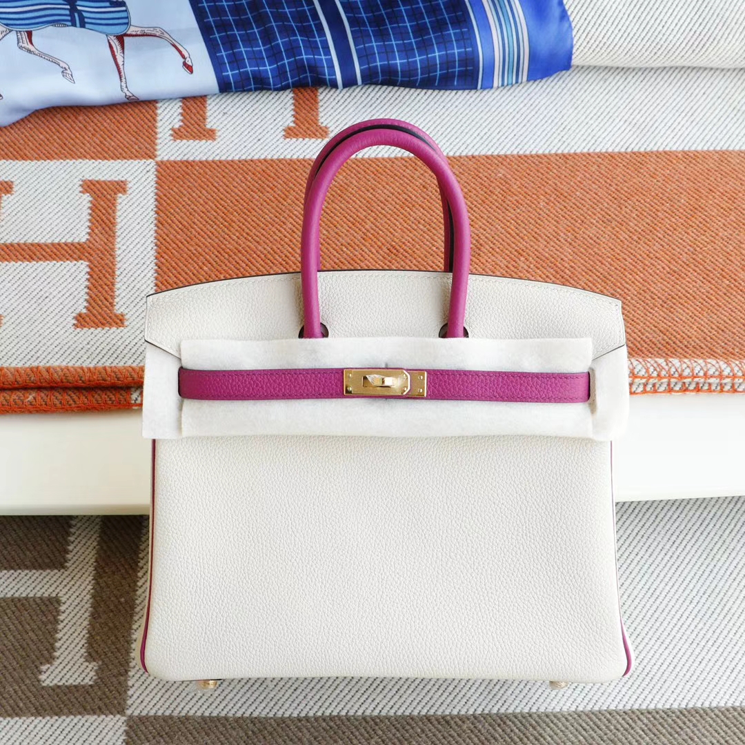 HERMES CC10奶昔白拼L3玫瑰紫 金扣 Birkin25CM 铂金包法国togo小牛皮 老师傅全手工缝制
