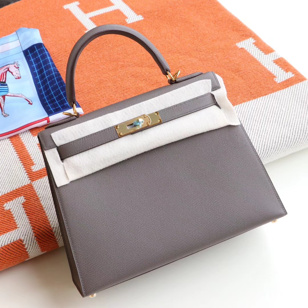 HERMES 8F锡器灰 Kelly28CM 原厂Epsom皮 凯丽凯莉包 纯手缝蜡线缝制工艺