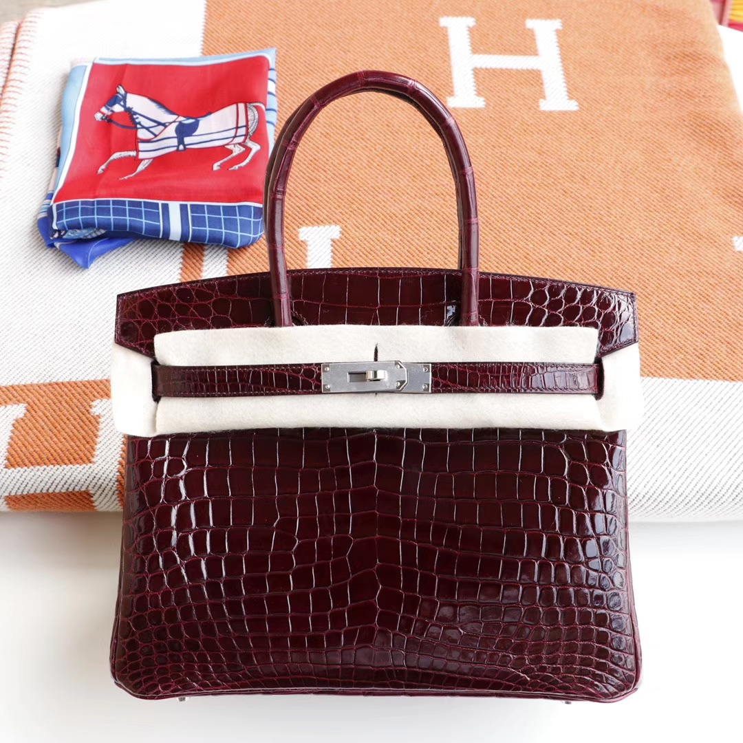 HERMES 客定发货、Birkin30CM 亮面鳄鱼 CK57 Bordeaux 波尔多酒红 银扣