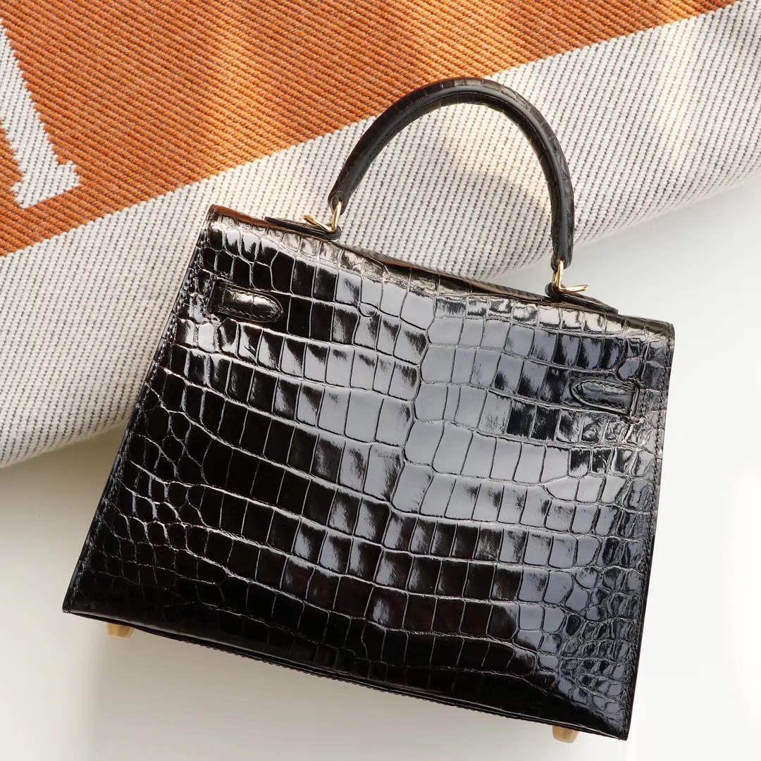 HERMES 定发货、CC89黑色 Kelly25CM 亮面鳄鱼 法国蜡线 全手缝 金扣