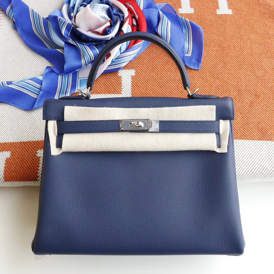 HERMES 现货、CK73宝石蓝 Kelly32CM Togo皮 银扣