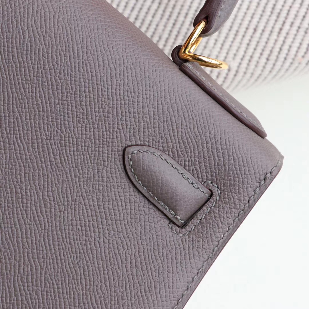 HERMES 8F锡器灰 Kelly28CM 原厂Epsom皮 凯丽凯莉包 纯手缝蜡线缝制工艺