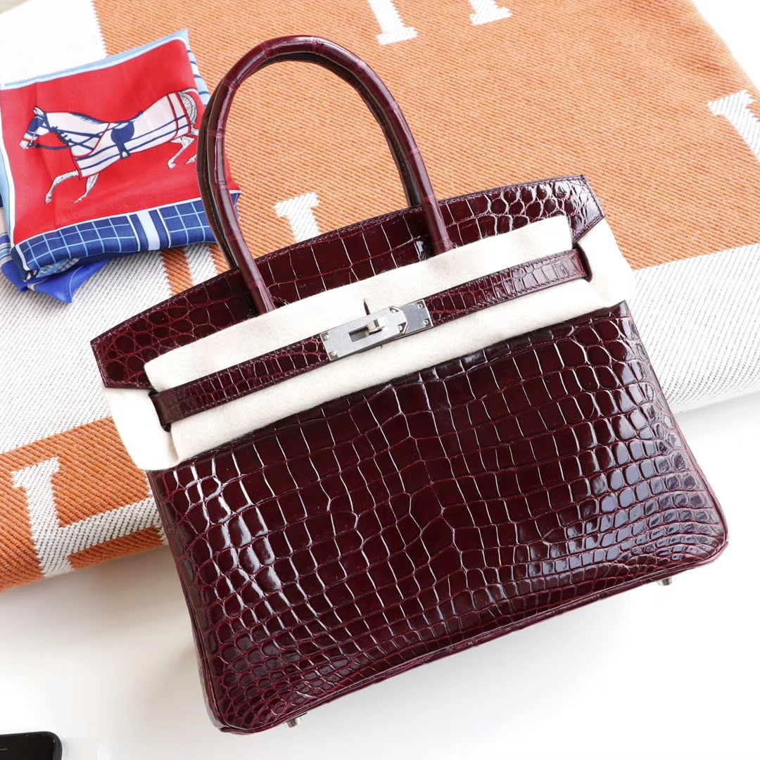 HERMES 客定发货、Birkin30CM 亮面鳄鱼 CK57 Bordeaux 波尔多酒红 银扣