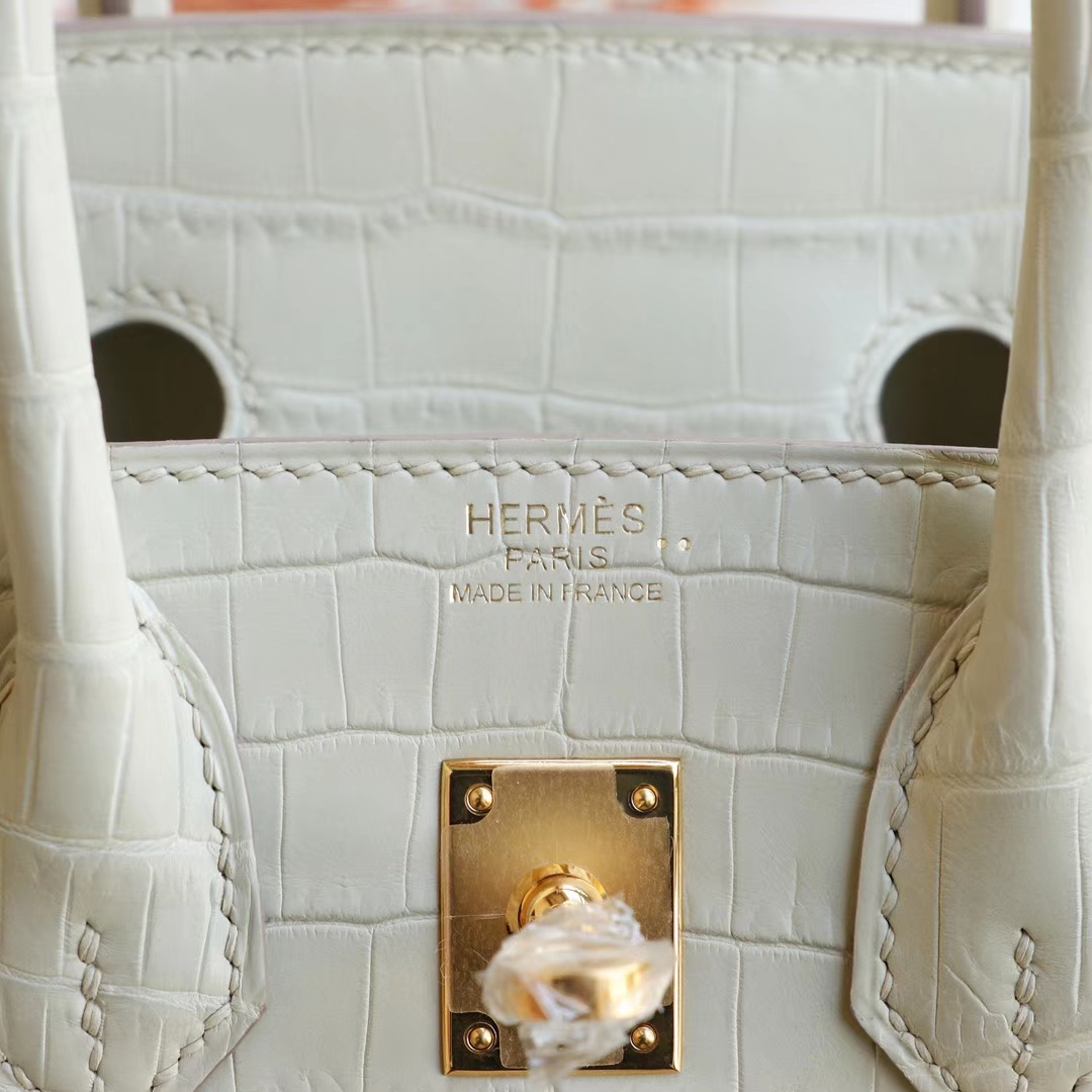 HERMES 8L奶油白 金扣 Birkin25CM 铂金包 雾面鳄鱼俩点 H家老师傅全手缝