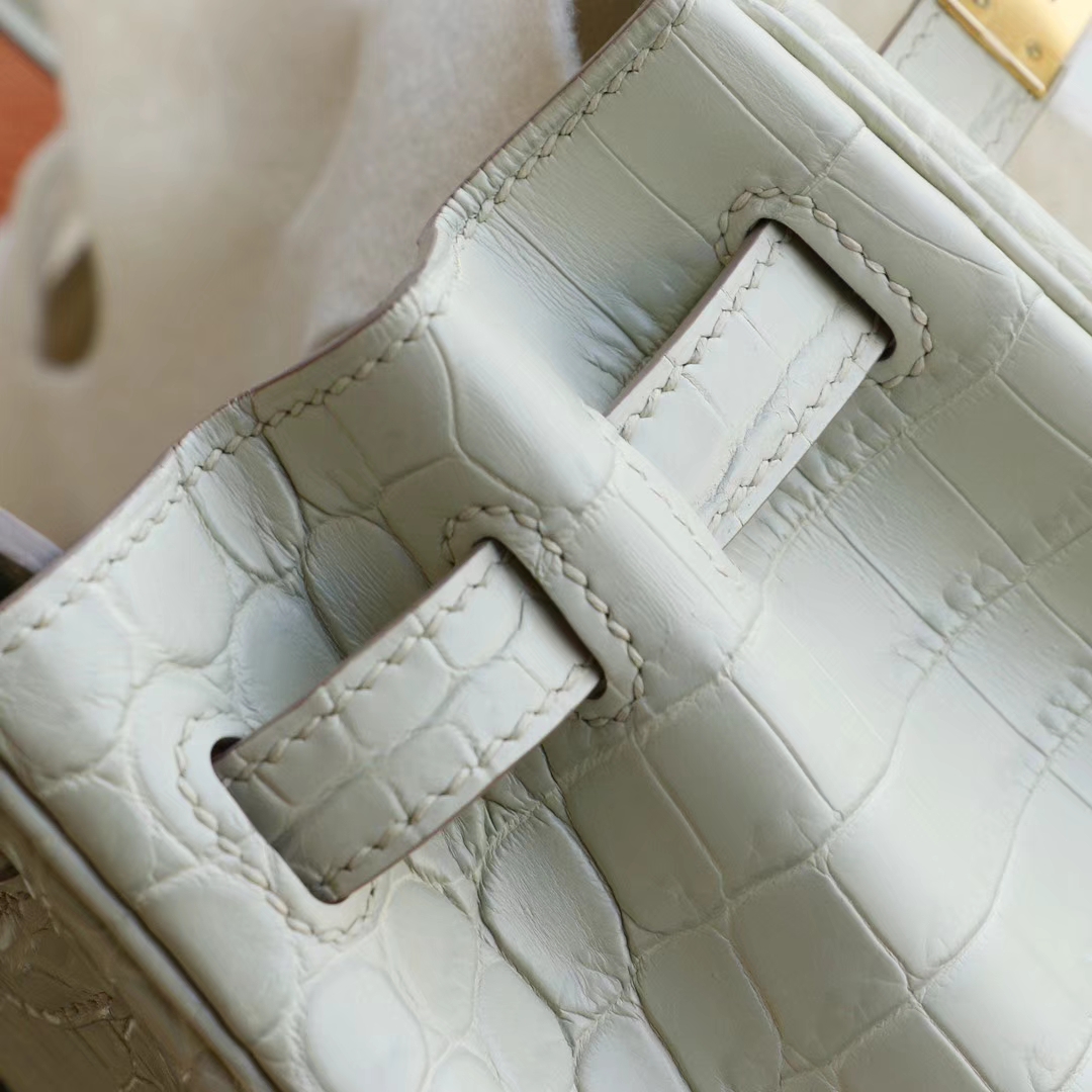 HERMES 8L奶油白 金扣 Birkin25CM 铂金包 雾面鳄鱼俩点 H家老师傅全手缝
