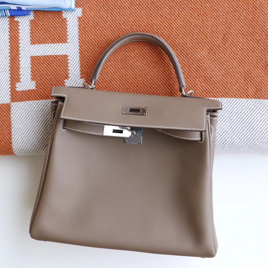 HERMES Ck18大象灰 Kelly28cm 原厂togo皮 金扣 内缝 凯莉包 老师傅纯手工制作