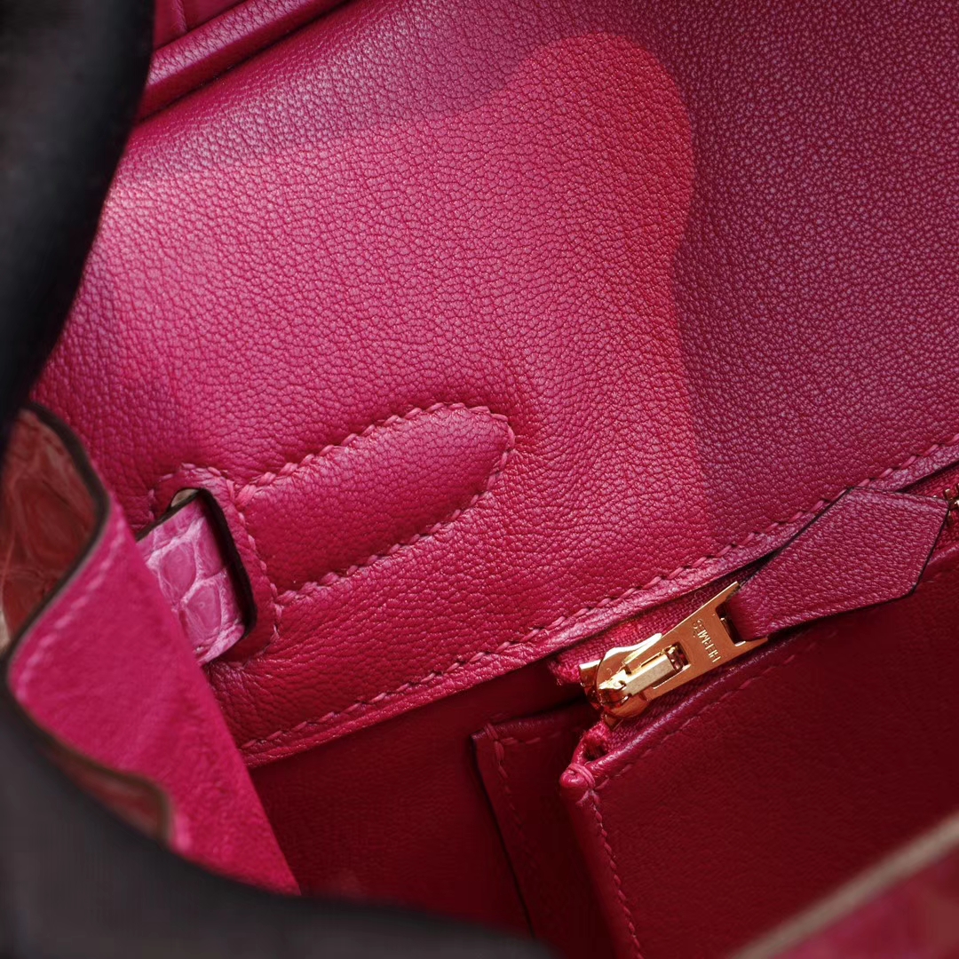 HERMES Birkin30CM 亮面鳄鱼 J5天方夜谭紫桃红色 金扣