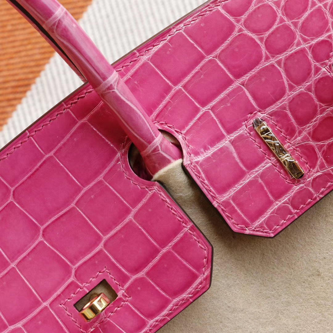 HERMES Birkin30CM 亮面鳄鱼 J5天方夜谭紫桃红色 金扣