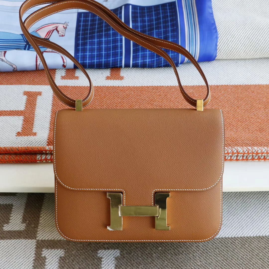 HERMES CK37金棕 金扣 Constance24CM 空姐包 原厂Epsom皮 纯手工手缝工艺制作