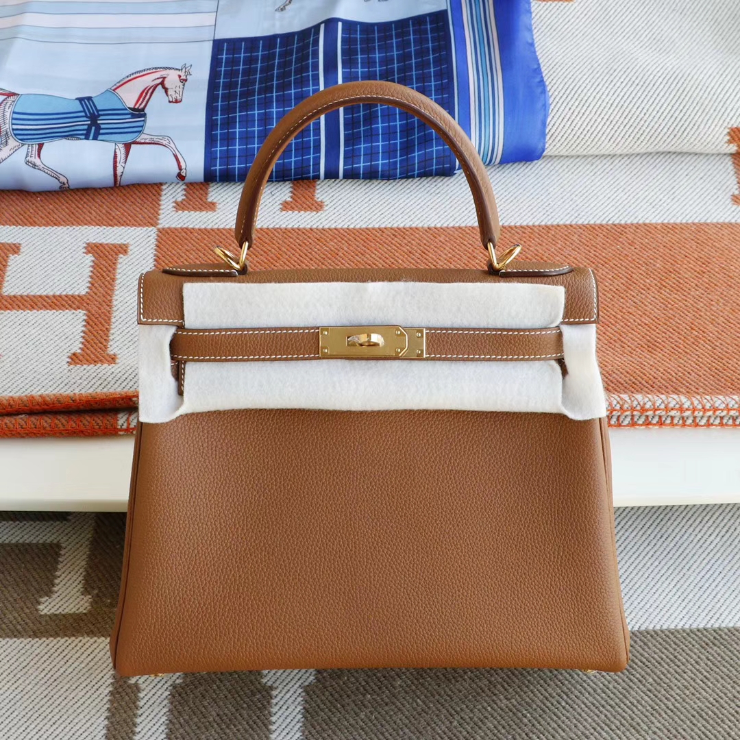 Hermes CK37金棕 内缝 金扣 Kelly28CM 原厂Togo皮 凯丽凯莉包 纯手缝蜡线缝制