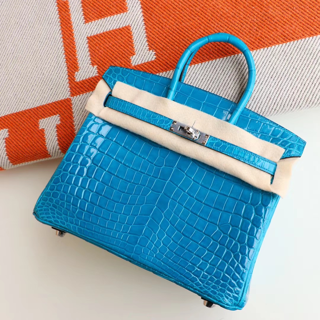 HERMES i7琉璃蓝 最顶级的Birkin25cm 亮面鳄鱼 银扣 铂金包