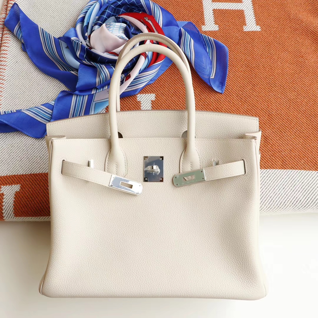 HERMES CC10 奶昔白 铂金包 birkin30cm 法国togo小牛皮 银扣