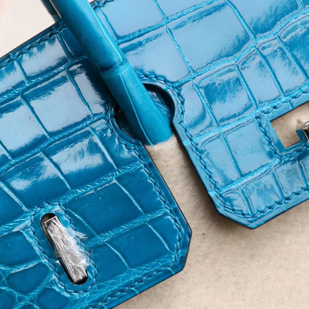 HERMES i7琉璃蓝 最顶级的Birkin25cm 亮面鳄鱼 银扣 铂金包