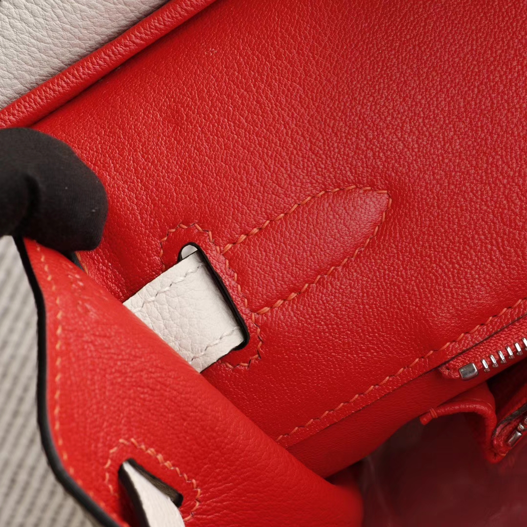 爱马仕 竖条款 CC10奶昔白拼火焰橙 Birkin30CM 原厂togo皮 纯手缝蜡线缝制 铂金包