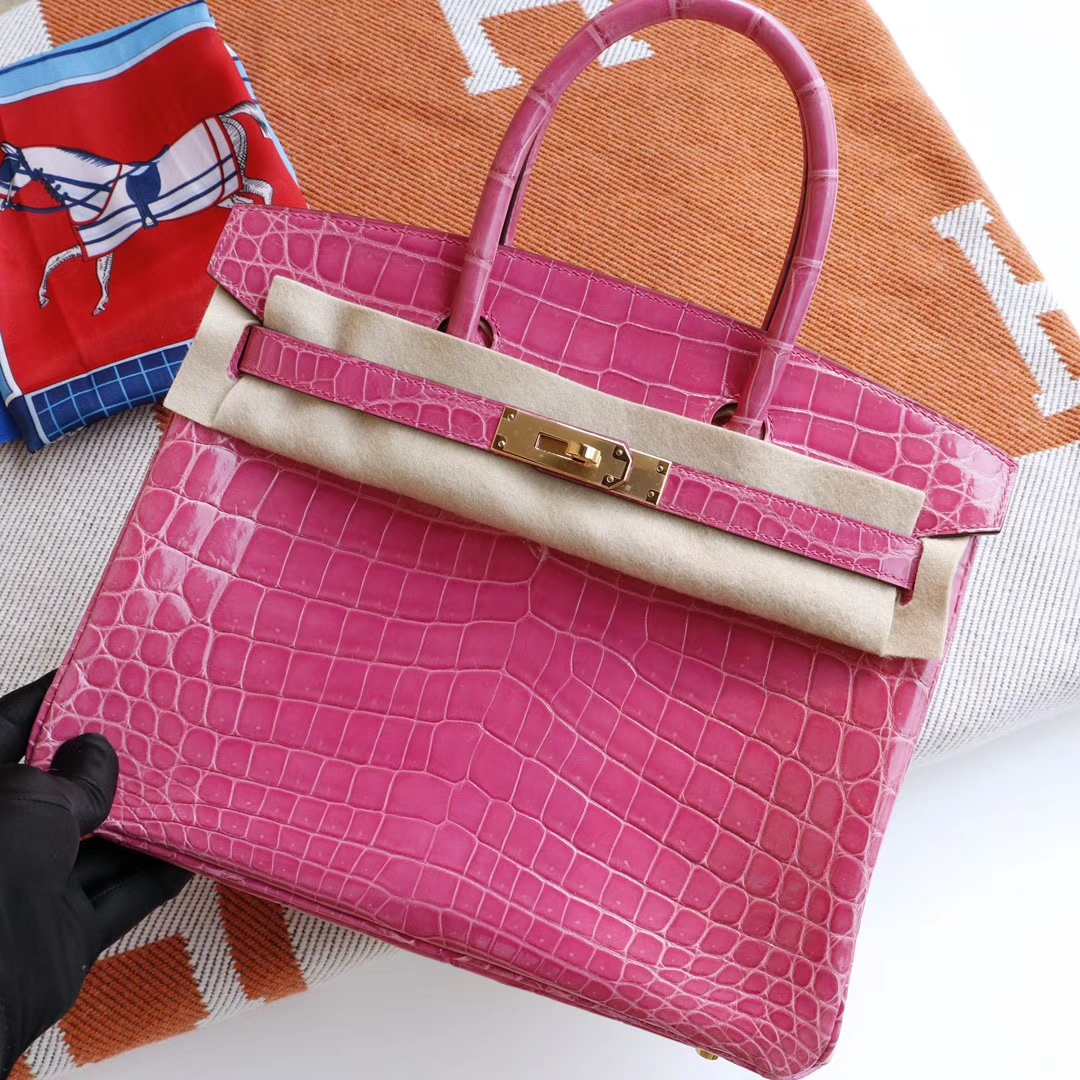 HERMES Birkin30CM 亮面鳄鱼 J5天方夜谭紫桃红色 金扣