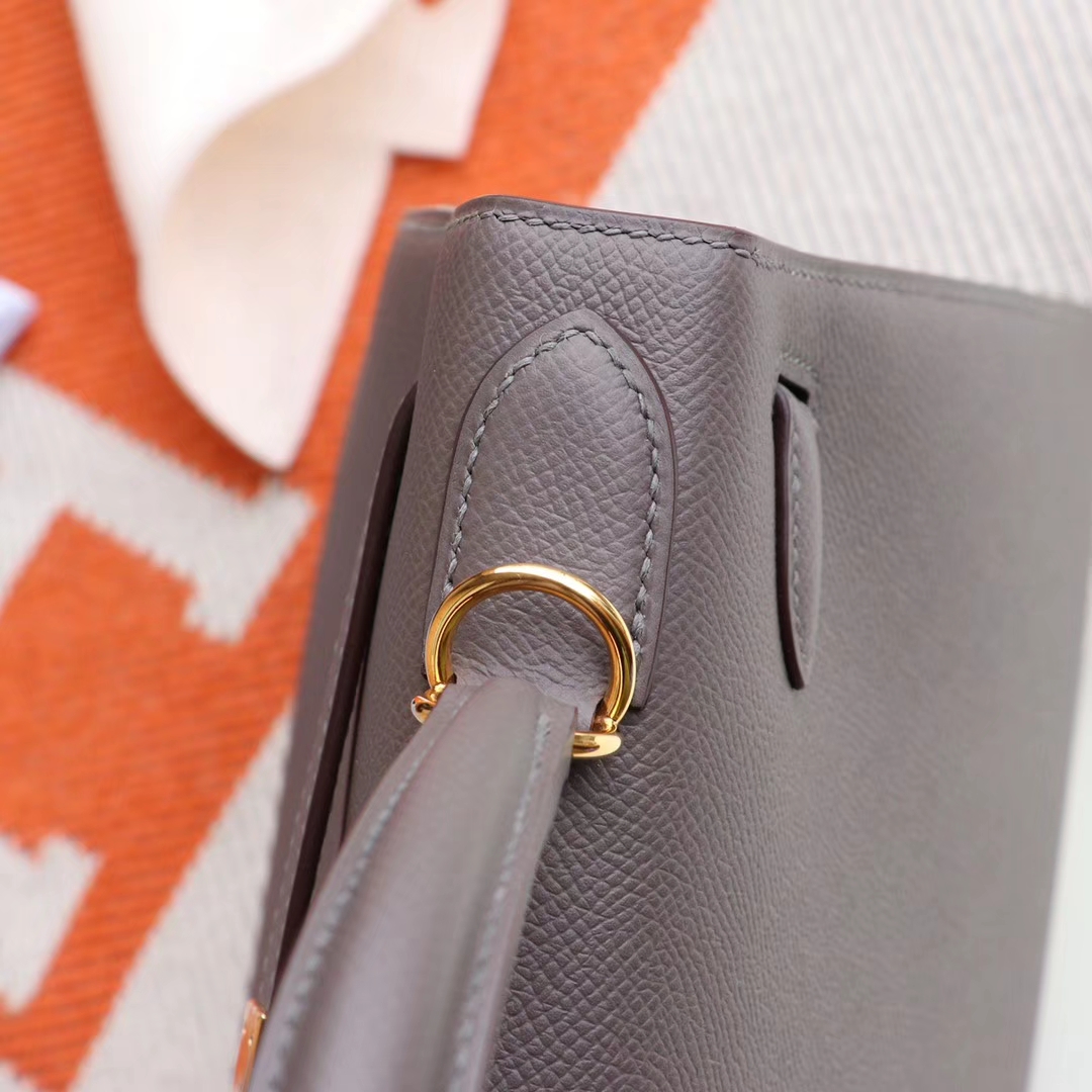 HERMES 8F锡器灰 Kelly28CM 原厂Epsom皮 凯丽凯莉包 纯手缝蜡线缝制工艺