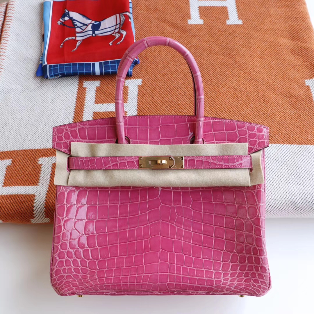 HERMES Birkin30CM 亮面鳄鱼 J5天方夜谭紫桃红色 金扣