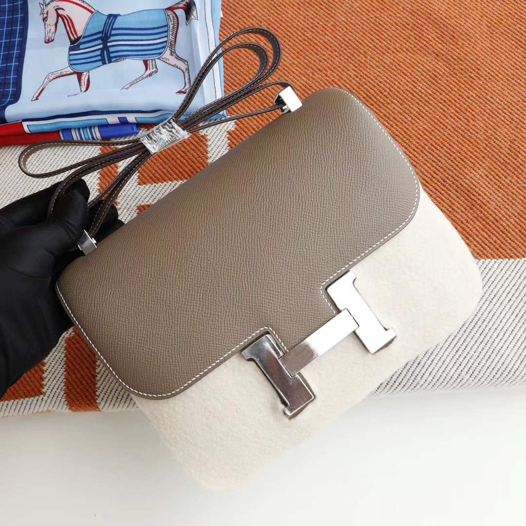 HERMES Ck18大象灰 Constance24CM 空姐包 原厂Epsom皮 银扣 纯手工手缝工艺制作