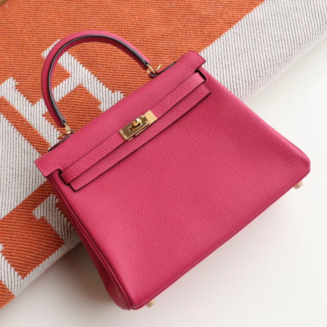 HERMES E5桃红色 Kelly25cm 原厂togo皮 金扣 内缝 凯莉包 老师傅纯手工