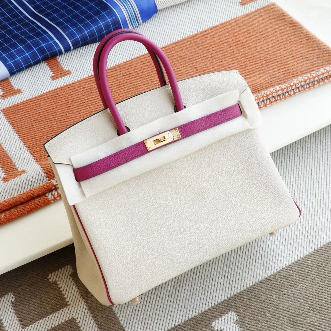 HERMES CC10奶昔白拼L3玫瑰紫 金扣 Birkin25CM 铂金包法国togo小牛皮 老师傅全手工缝制