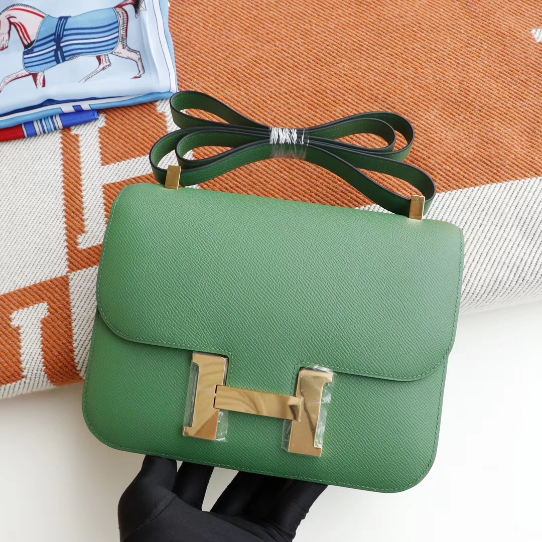 HERMES 1K竹子绿 Constance24CM 空姐包 原厂Epsom皮 银扣 纯手工手缝工艺制作