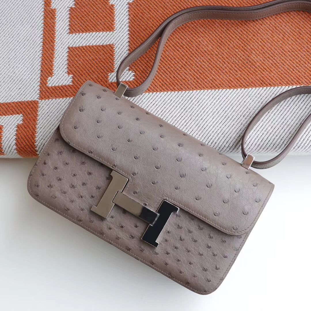 HERMES CK18大象灰 银扣 Constance26CM 空姐包26加长版 南非鸵鸟皮 纯手工手缝工艺